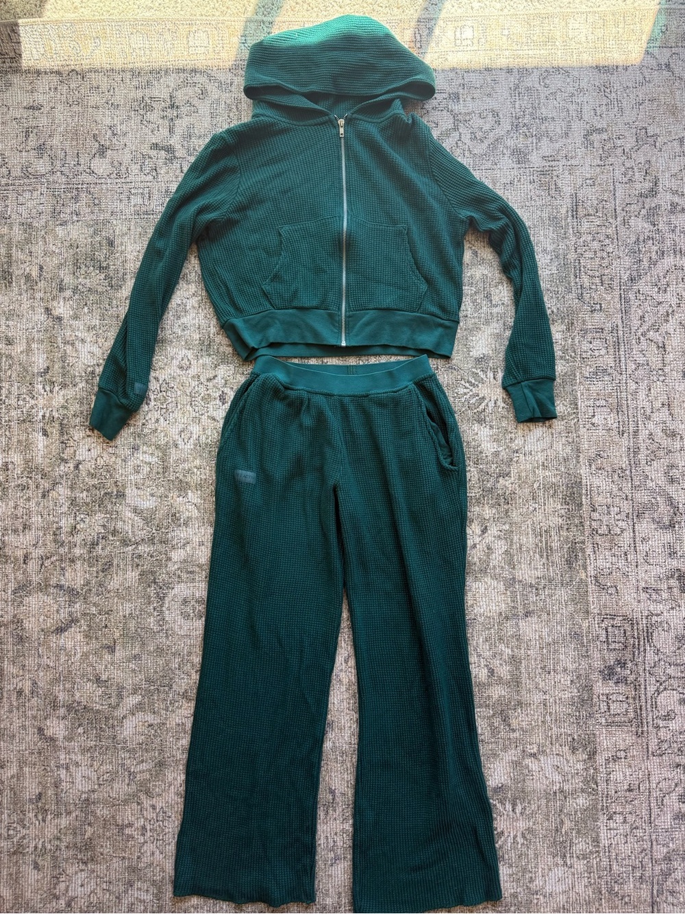 SET Active Two Piece Loungewear Set Waffle Knit Green Cotton Blend Size XS